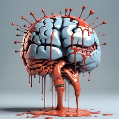 A stylized anatomical brain with blue cerebral hemispheres red neural pathways and dripping red viscous substance