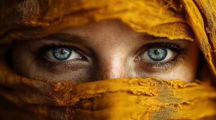 Piercing Blue Eyes of a Mysterious Woman Behind a Vibrant Orange Desert Veil