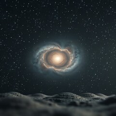 A swirling galaxy with a bright center illuminates a starry night sky above a textured planetary surface