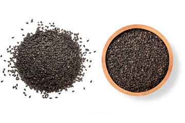 Black sesame in wooden bowl isolated on white background. Top view
