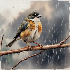 Small bird with orange and white chest perched on a wet branch in heavy rain Nature