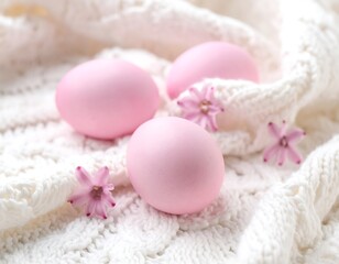 Pink Easter eggs on a white knitted blanket