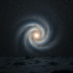 Majestic spiral galaxy with luminous core and star filled expanse over barren alien landscape