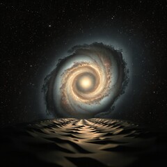 A luminous spiral galaxy dominates a star filled sky above a textured rippling dark surface