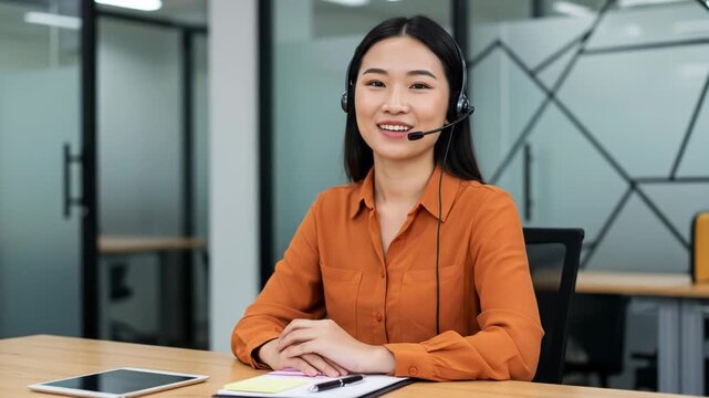 Asian woman wearing headset and orange shirt in office setting