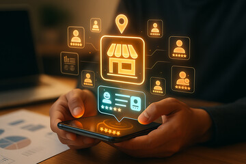 Local business reviews and customer ratings on smartphone with shop icon, profile badges and five star feedback for marketplace reputation