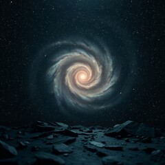 A distant spiral galaxy with a bright core illuminates the dark expanse of space above a rocky barren planet surface