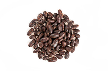 Cocoa beans isolated on white background. Top view