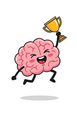 Happy cartoon brain character holding a golden trophy