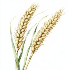 Two Ears of Wheat with Green Leaves on a White Background
