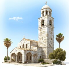 Obraz premium Stone Church with Tower and Palm Trees Against Clear Sky