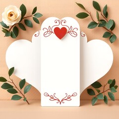 White heart shape card with red scrollwork and a small red heart surrounded by green leaves and a cream rose