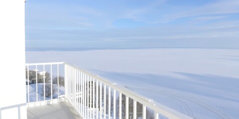 Wide frozen lake covered in snow under a pale blue sky seen from a white balcony