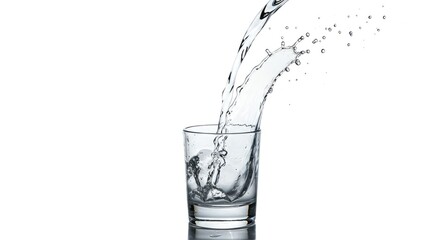 Water Pouring into Glass, Creating Splash and Bubbles, Isolated White Background