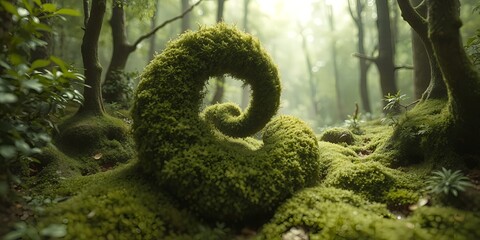 Lush green moss covers a spiraling fern frond and forest floor in soft light Nature