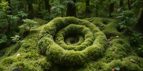Lush green moss forming a spiral pattern on the forest floor with delicate plant sprouts emerging