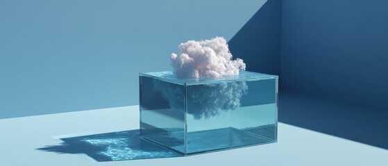 A surreal scene featuring a transparent cube with water and a fluffy cloud, set against a soft blue background, creating a dreamlike atmosphere.