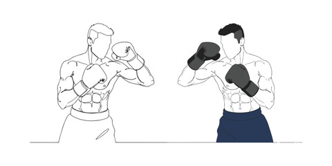 Minimalist line art illustration of muscular boxers standing in guard stance, ready to fight. Black and white outline with slight shading, showing strong body details, gloves, and shorts.
