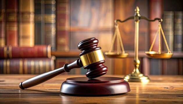 Gavel and scales of justice in a library setting