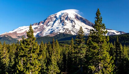 Snowy mountain peak above a forest