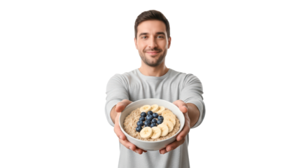 Man offering a bowl of oatmeal with blueberries and banana isolated on transparent background