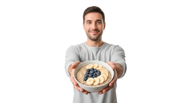Man offering a bowl of oatmeal with blueberries and banana isolated on transparent background - Powered by Adobe