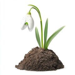 Fresh Snowdrop Bloom Emerging from Dark Soil in Springtime Light