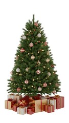 Festive christmas tree adorned with ornaments and wrapped gifts ready for celebration