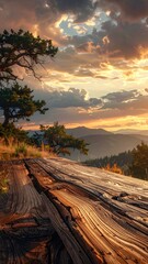Dramatic Sunset View from Wood Plank Overlook with Golden Hour Light and Distant Mountain Range Silhouette