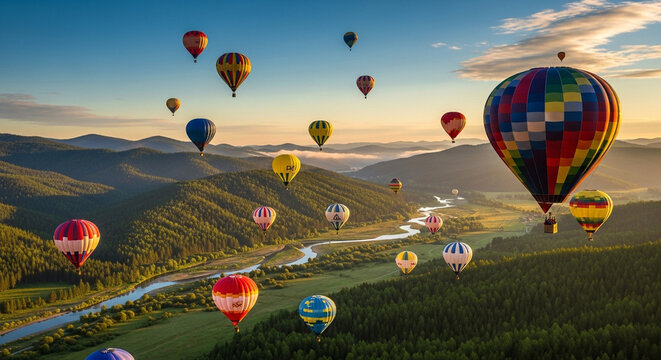 A stunning aerial view of hot air balloons floating over a lush green valley with mountains in the background on a sunny day