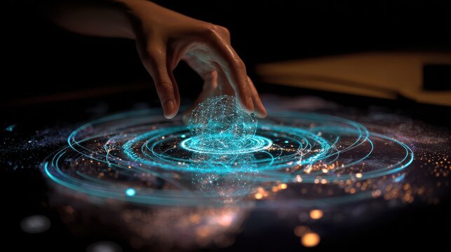 Hand interacting with glowing digital network sphere touching holographic