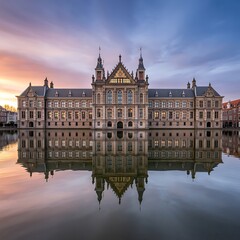 Fototapeta premium Majestic historic dutch parliament building reflected in tranquil waters at sunset