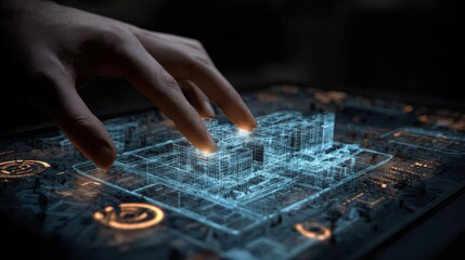 Naklejka premium Hand interacting with holographic architectural model touching digital