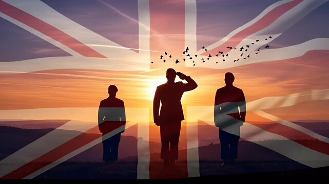 Silhouette of soldier saluting with the United Kingdom flag as a patriotic memorial concept