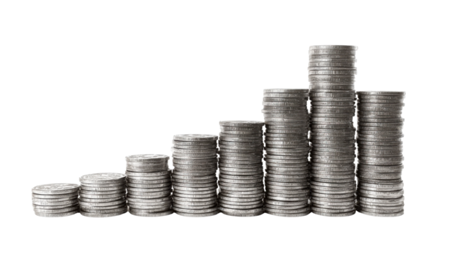 The image displays stacks of coins arranged in an ascending pattern, suggesting on white background 