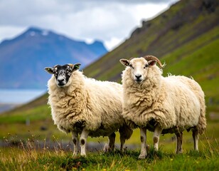 Fototapeta premium Icelandic Sheep Grazing in Mountainous Landscape.