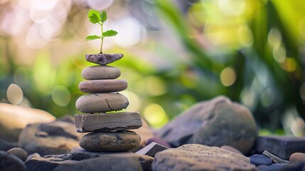 Obraz premium Stacked Stones Bathed in a Soft Pastel Filter, Adorned with a Tiny Sprout, Nestled in a Tranquil Garden Setting—Creating a Serene, Natural Scene Ideal for Outdoor, Wellness, or Minimalist Visuals.