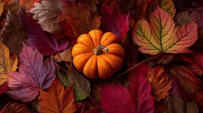 A small orange pumpkin nestled among colorful autumn leaves in a fall themed still life scene