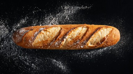 Baguette on a Clean Black Background with White Powder, Top View Professional Food Photography
