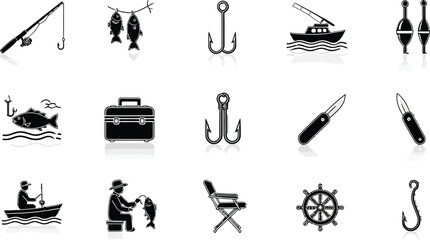 Essential fishing gear icons for outdoor adventure and aquatic sport enthusiasts seeking success