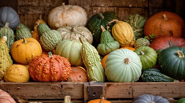 A rustic wooden crate filled with a colorful assortment of pumpkins and gourds for fall harvest