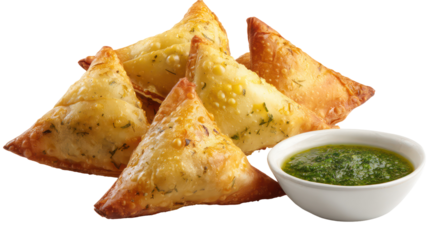 Crispy samosas with green chutney isolated on transparent background
