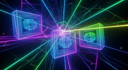 Obraz premium Abstract Neon Geometric Network with Glowing Cubes and Lines Keywords: abstract, neon, geometric, network, glowing, cubes, lines, futuristic, digital, technology, cyberspace, data, connection