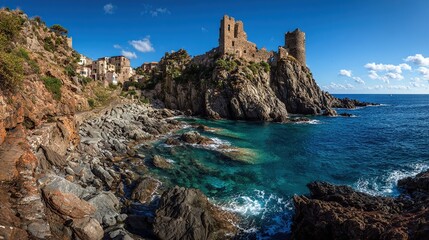 Naklejka premium Coastal ruins atop jagged cliffs overlook turquoise waters and a rocky shoreline, bathed in brilliant sunlight