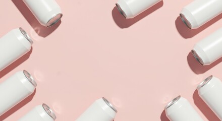 White aluminum beverage cans arranged in a symmetrical pattern on a pastel pink surface