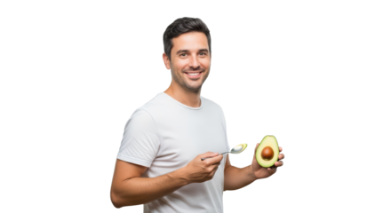 Smiling man eating avocado with a spoon, isolated on transparent background