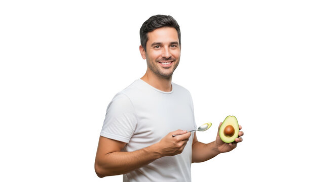 Smiling man eating avocado with a spoon, isolated on transparent background - Powered by Adobe