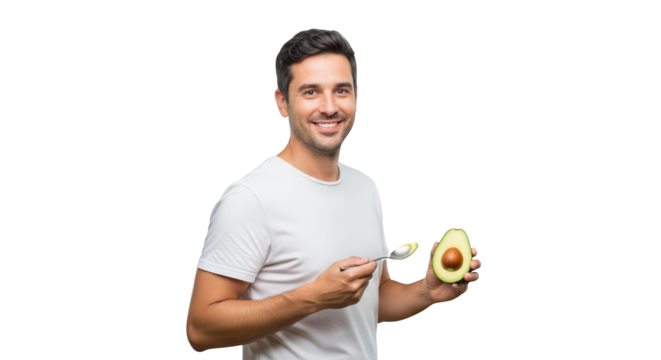 Smiling man eating avocado with a spoon, isolated on transparent background
