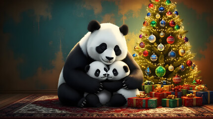 A heartwarming christmas scene featuring a panda bear hugging two panda cubs next to a beautifully decorated christmas tree with presents underneath, creating a festive atmosphere
