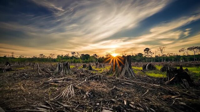 Deforestation landscape with tree stumps at sunset, environmental destruction.